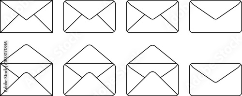 Collection of simple envelope line drawings in various open and closed states