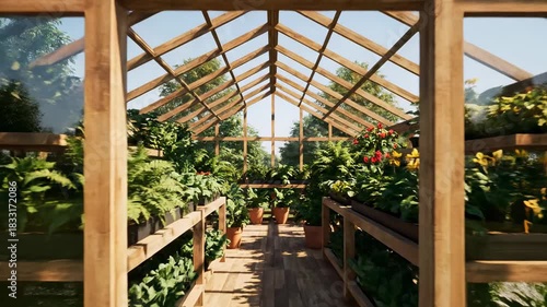 A wooden greenhouse with plants inside and solar panels on the roof