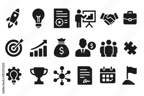 Business and strategy icon set. business elements for success and growth. professional symbols for corporate design.