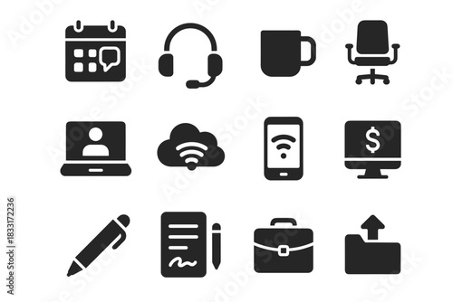 Office communication and remote work icon set for digital applications
