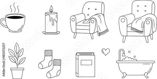 Cozy Home Comfort Vector Icon Set: Minimalist Lifestyle Illustrations for Relaxation and Self-Care