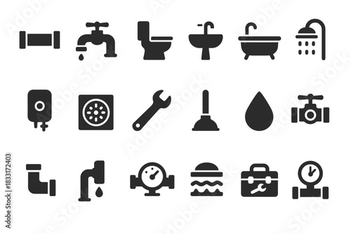 Plumbing tools and fixtures icon set for design projects