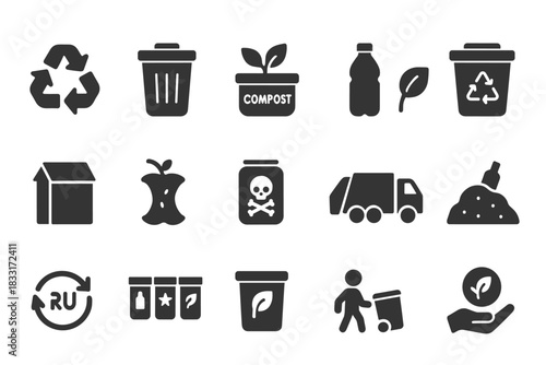 Recycling and compost icon set. eco-friendly design for sustainability initiatives. green waste and environmental awareness icons.