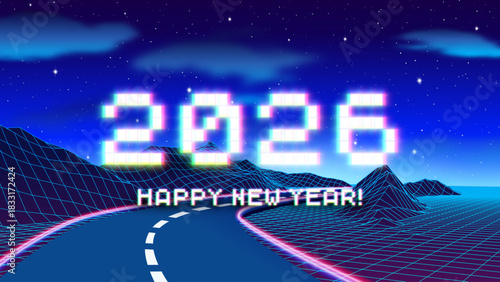 2026 New Year sign with glitched glowing pixels and road in 80s styled grid mountains. Winter holiday and year change symbol.