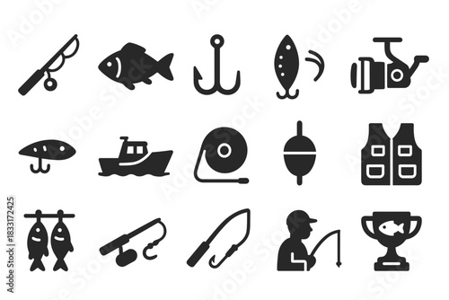Fishing icon set. fishing gear and equipment icons for design. fishing symbols vector collection.