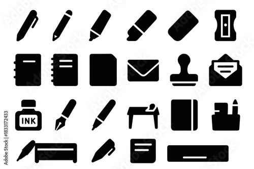 Stationery icon set. office supplies outline collection. school and workspace essentials design for print.
