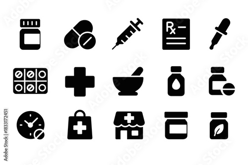 Medical and pharmacy icon set for healthcare and prescription design