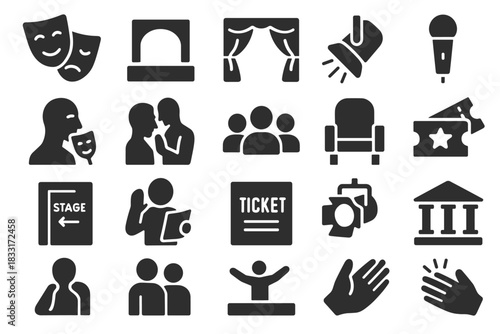 Theater arts icon set. theater elements for performance design. comprehensive theater icon collection.
