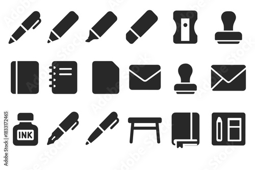 Stationery icon set. perfect for office supplies design and stationery-themed projects. versatile icons for notebooks, envelopes, and more.