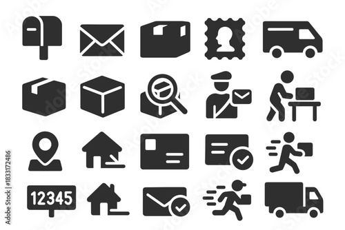 Post and delivery service icon set. mail and package symbols for digital use. parcel delivery and postal elements collection.