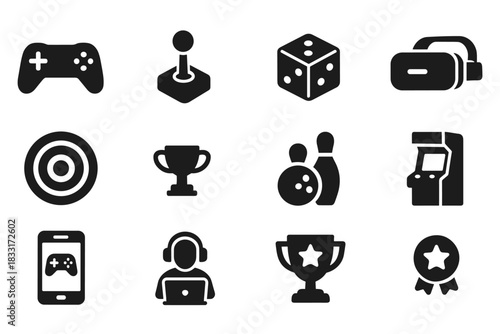 Gaming and entertainment icons set. gaming controller, joystick, dice, vr, and trophy designs for creative projects.
