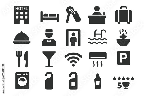 Hotel and hospitality service icon set for travel and accommodation design