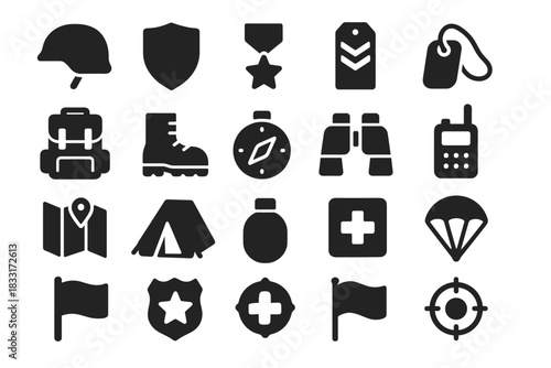 Military and survival icon set featuring helmet, boots, map, and more for design and print