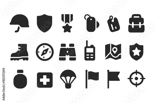 Military and adventure icon set featuring helmet, medal, backpack, and map symbols for design projects