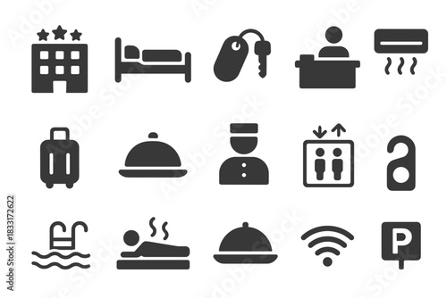 Hospitality and travel icon set featuring hotel, services, and amenities for design and digital use