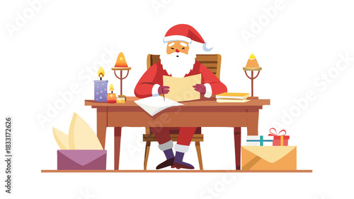 Santa Claus sitting at a wooden desk reading children’s letters, piles of envelopes everywhere, candlelight glow, cozy warm atmosphere