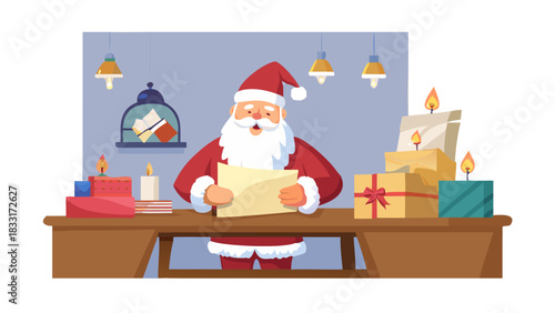Santa Claus sitting at a wooden desk reading children’s letters, piles of envelopes everywhere, candlelight glow, cozy warm atmosphere
