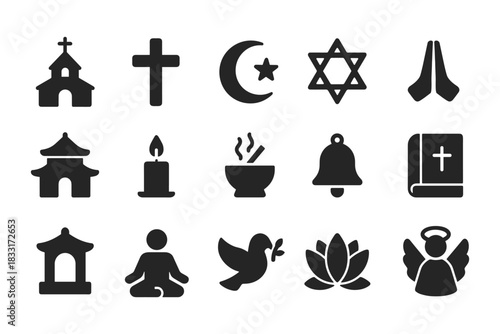 Religious symbols icon set. diverse religious vector set for multi-faith projects. spiritual icons for design and print.
