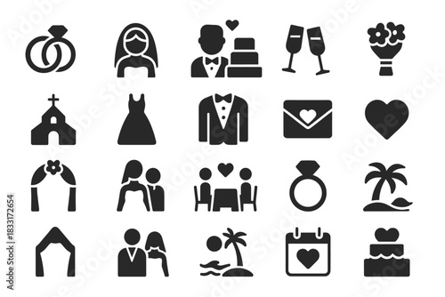 Wedding icons collection: rings, couple, venue, cake, and more for design and print
