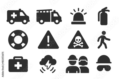 Emergency and safety icon set: ambulance, fire truck, warning signs, and protective gear for awareness designs
