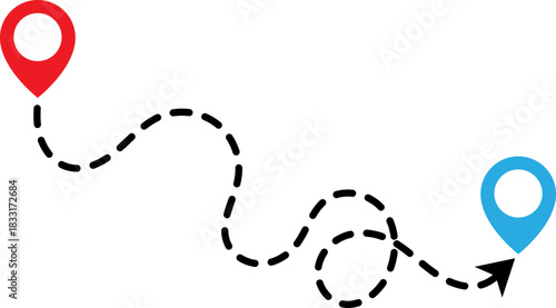 Two location pins connected by a dashed route line