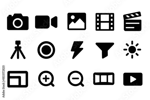 Camera and video icon set for media and photography design