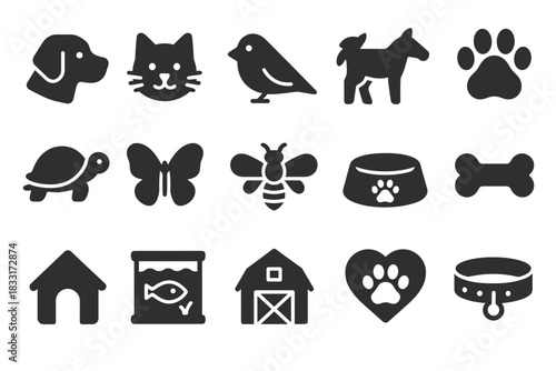 Pet care icon set. silhouette icons featuring animals and pet accessories. vector graphics for pet shops and veterinary services.