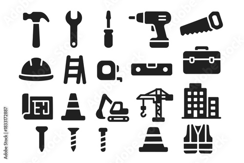 Construction tools and equipment icon set for industrial and architectural design projects
