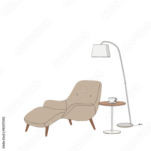 Comfortable Tan Chaise Lounge and Modern Floor Lamp with Cup of Coffee on a Side Table in a Minimalist Living Room Setting