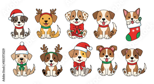 Festive Cartoon Dogs Adorned for Christmas Celebrations in a Whimsical Arrangement