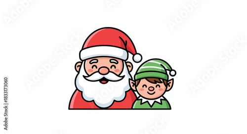 Festive holiday cheer: Santa Claus and his friendly elf, spreading joy with adorable smiles