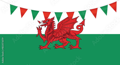 Festive welsh flag with vibrant dragon and celebratory bunting arrangement background
