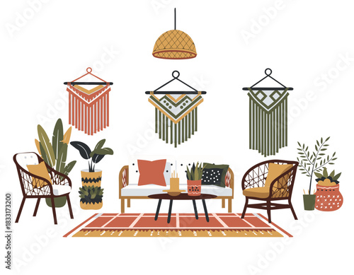 Cozy Boho Living Room Interior With Woven Furniture Macrame Wall Hangings And Indoor Plants On A Rug Illuminated By A Pendant Light