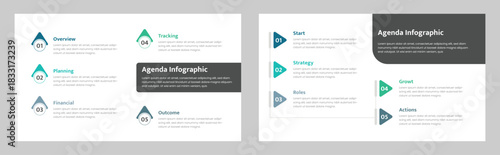 Two Agenda Infographic Layouts Showing Business Steps and Processes for Company Planning and Growth