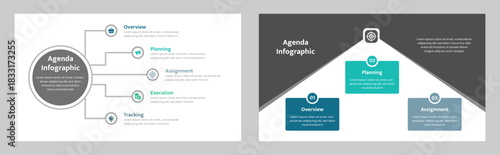 Two Agenda Infographic Templates Showcasing Steps Including Overview, Planning, Assignment, Execution, and Tracking