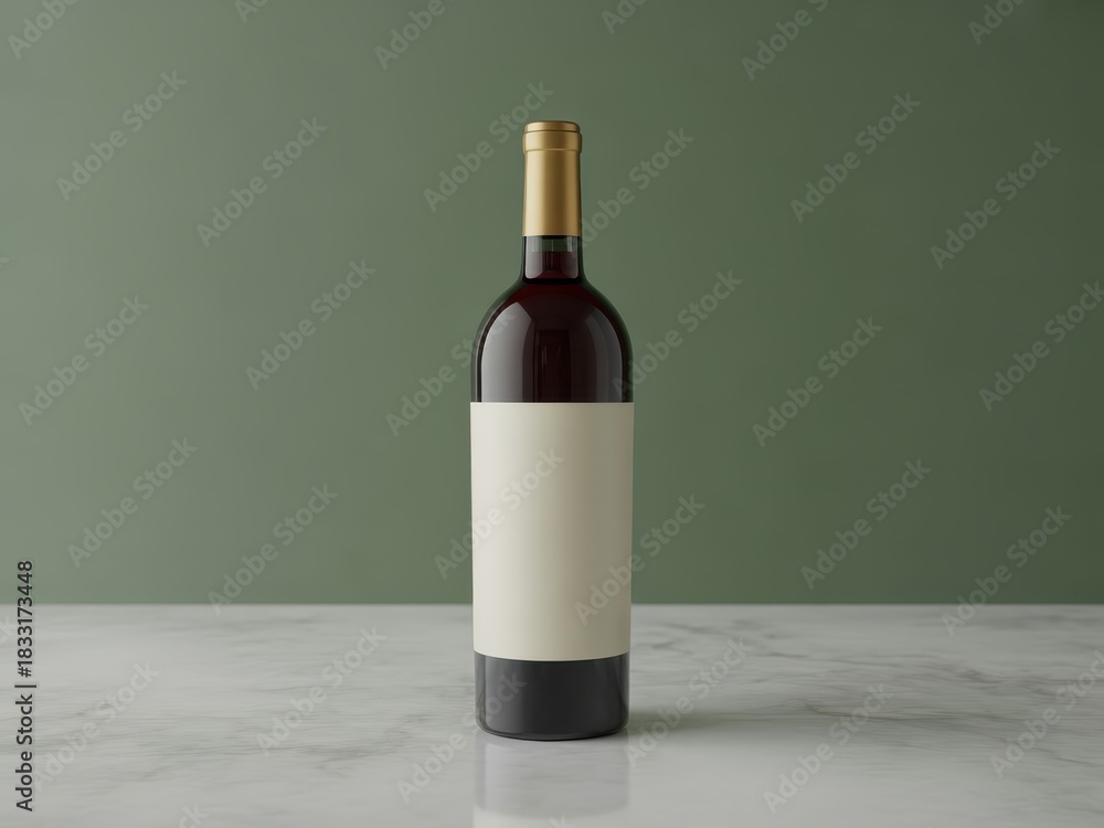 Fototapeta premium Dark red wine bottle with blank label on marble surface and green background liquid