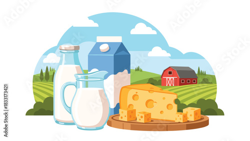 Fresh dairy products and cheese from a farm with a red barn on a rolling hillside under a blue sky with white clouds