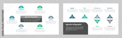 Two Modern Business Agenda Infographic Layouts with Steps and Process Design Elements