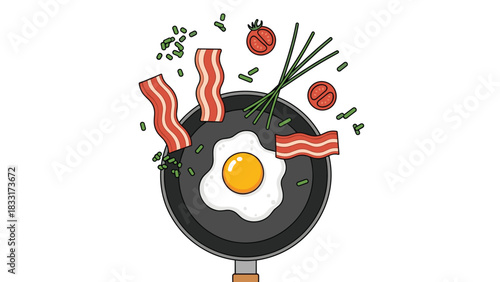 Delicious breakfast skillet with crispy bacon, fresh tomatoes, and herbs ready to be enjoyed for a tasty morning meal