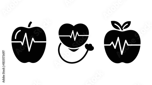 Healthy living concept illustration with apple and heart rate monitor symbol illustration