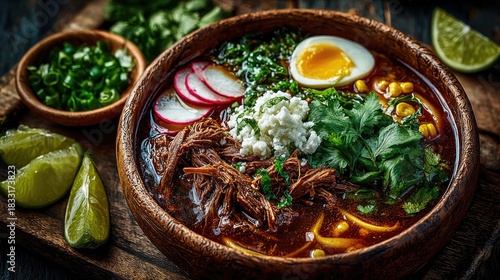 Pozole Bowl An inviting overhead shot of a steaming bowl of pozole with all the garnishes radish lettuce lime homely and comforting feel in Mexico