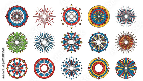 Collection of colorful celebratory firework burst design elements for independence day