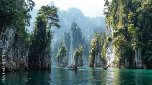 Ratchaprapha Dam Cheow Lan Lake towering limestone cliffs mirrored in green water longtail boats Jurassic Park-like scenery in Thailand