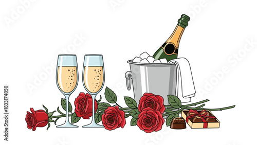 Romantic celebration with champagne and roses for special occasions like Valentine's Day or anniversaries