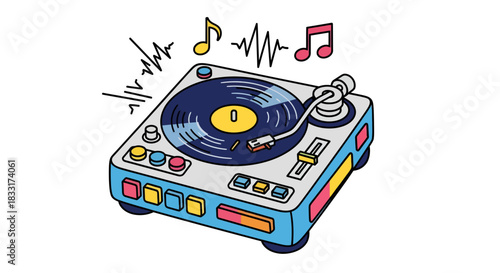 Groovy turntable illustration spinning vinyl records with whimsical musical notes adding nostalgic