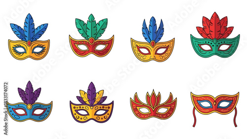 Set of elegant carnival masks with feathers in various colors for festive occasions