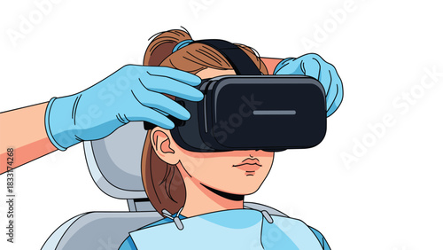 Exciting new VR technology helps young woman relax during dental visit, a modern approach to patient care and innovative wellness