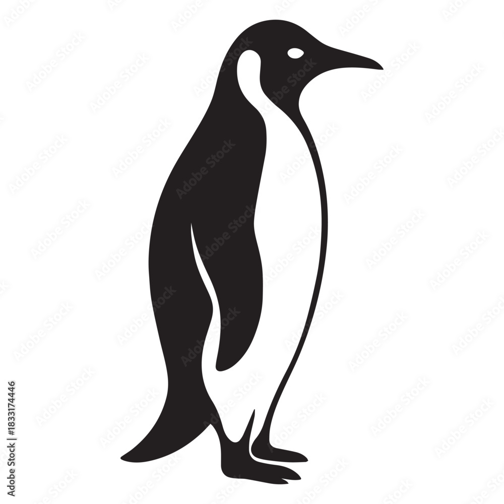 Naklejka premium Black and white silhouette of a penguin standing upright in side profile with minimalist styling.