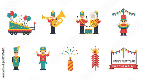 Celebratory New Year's Eve Parade with Musicians and Festive Decorations Illustration