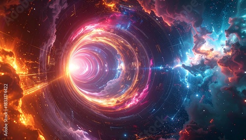 Cosmic tunnel featuring nebulae in orange and blue converging toward a bright central light source